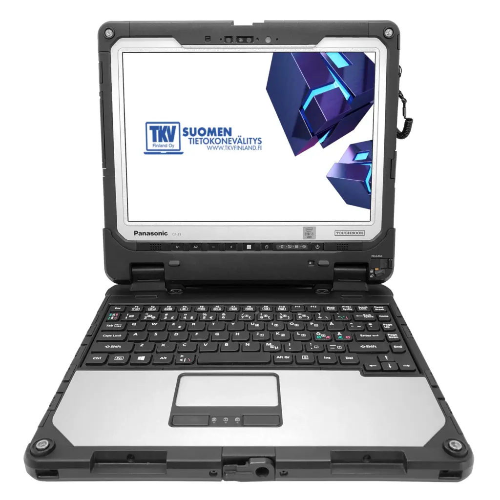 Avattu Panasonic ToughBook CF-33 MK2 kannettava näyttö ja näppäimistö edestä kuvattuna.