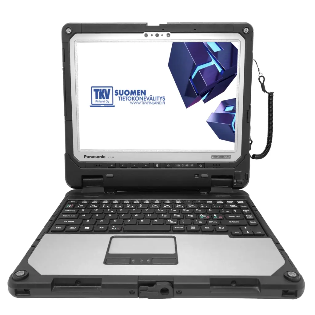 Avattu Panasonic ToughBook CF-33 kannettava tietokone kirkkaalla kosketusnäytöllä ja näppäimistöllä.