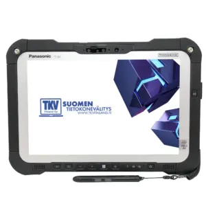 Kokonaiskuva Panasonic Toughbook FZ-G2 MK1 -tabletista ja sen alkuperäisestä virtalähteestä.