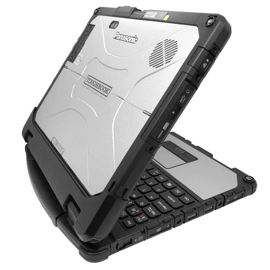 Panasonic ToughBook CF-33 MK2 vasen kylki, jossa näkyvät suojatut liitännät pölyltä.