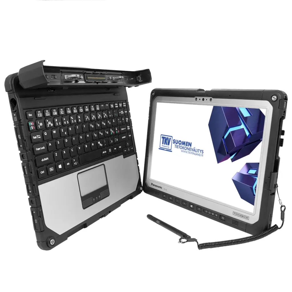 Kokonaiskuva Panasonic ToughBook CF-33 -kannettavasta, irrotettavasta näytöstä ja mukana tulevasta virtalähteestä.