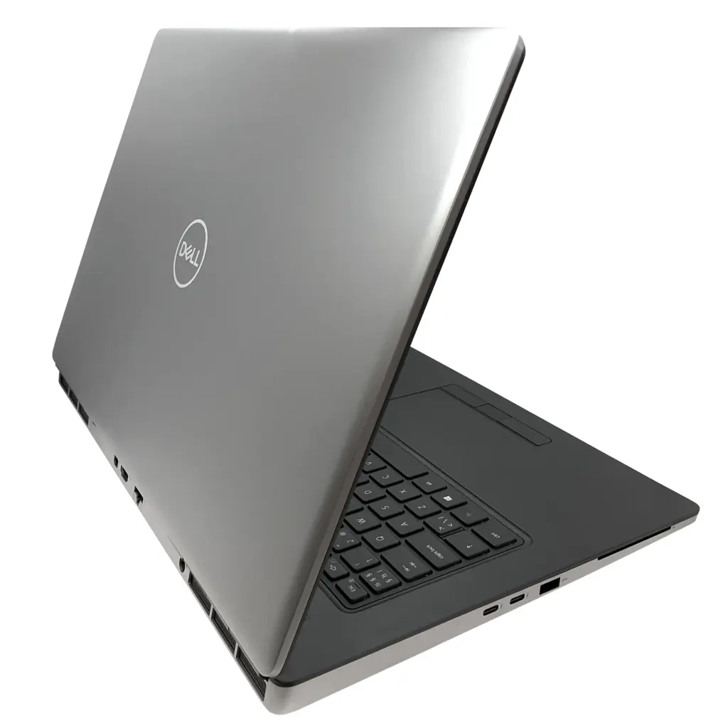 Dell Precision 7760 vasen kylki, jossa näkyvät nopeat Thunderbolt-portit ja tuuletus.