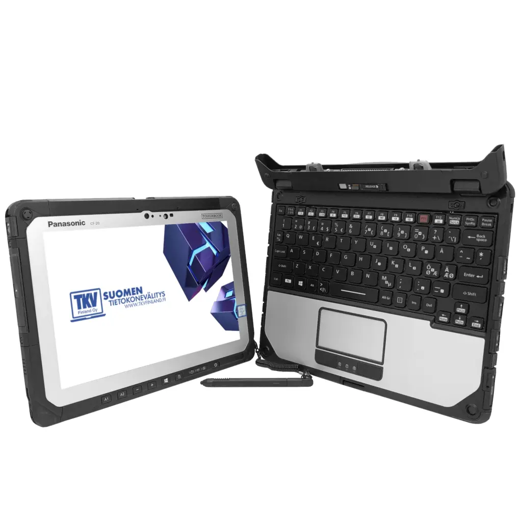 Kokonaiskuva Panasonic Toughbook CF-20 MK2 -kannettavasta, irti otetusta tablettiosasta ja laturista.
