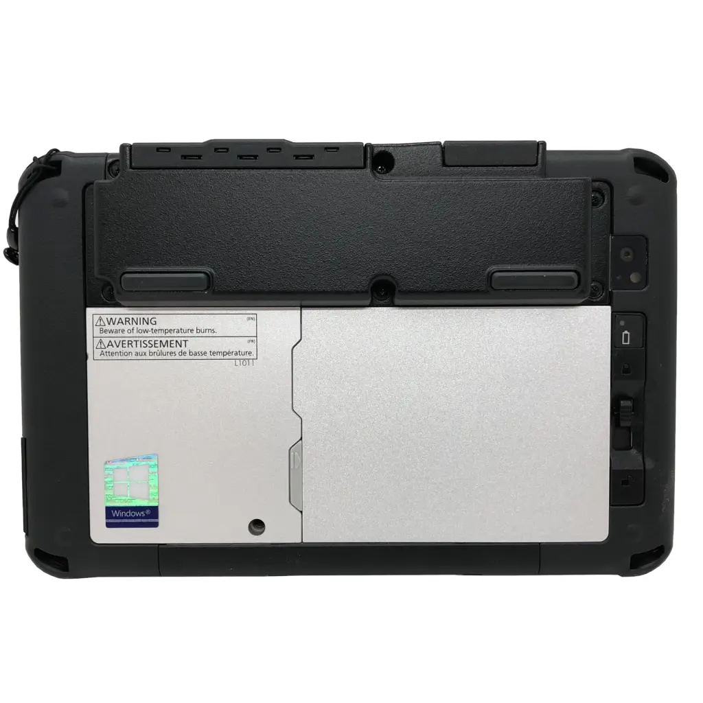 Panasonic Toughpad FZ-M1 MK3 takaa, jossa näkyy integroitu viivakoodinlukija ja kamera.