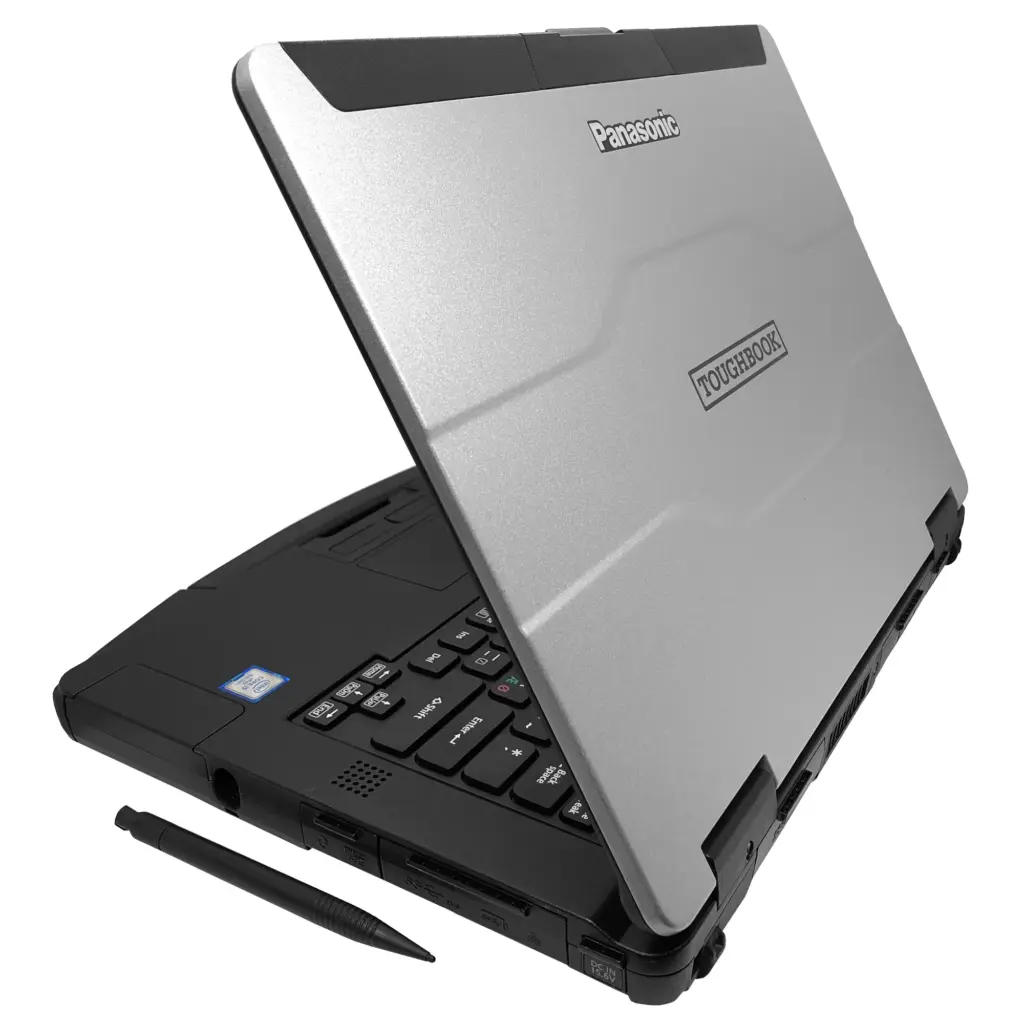 Panasonic ToughBook FZ-55 MK1 oikea sivu, paljastaen suojatut USB- ja verkkoportit.