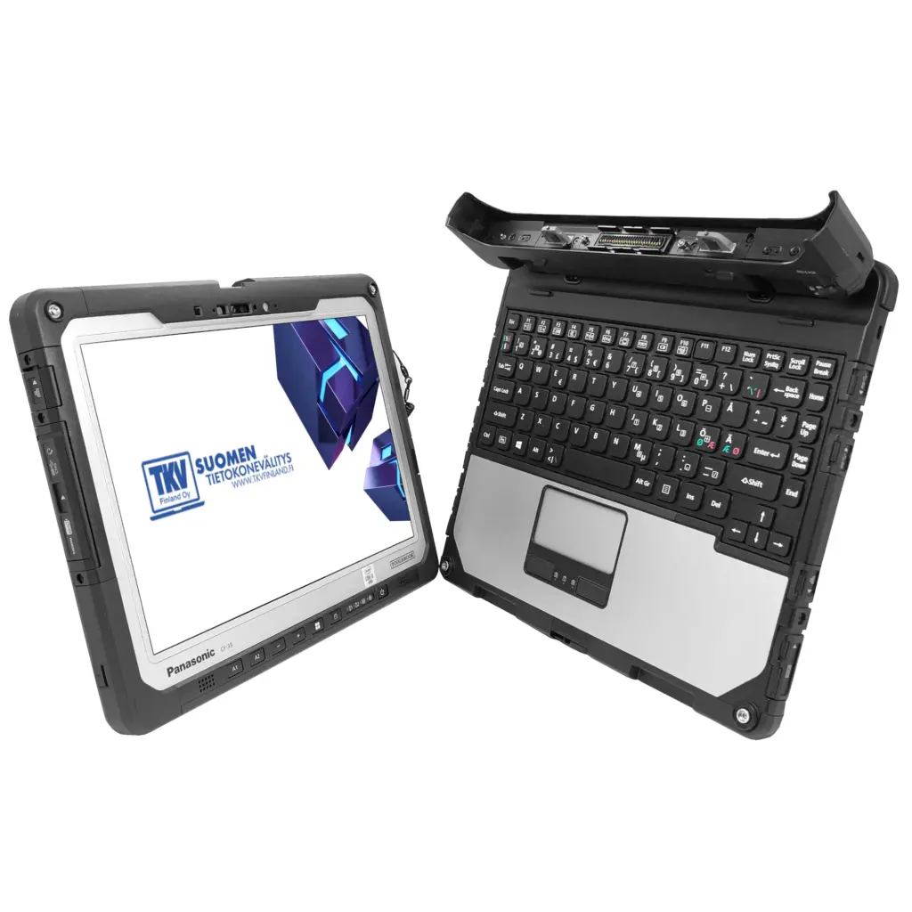 Kokonaiskuva Panasonic ToughBook CF-33 MK2 -kannettavasta, irrotettavasta tablettiosasta sekä alkuperäisestä virtalähteestä.